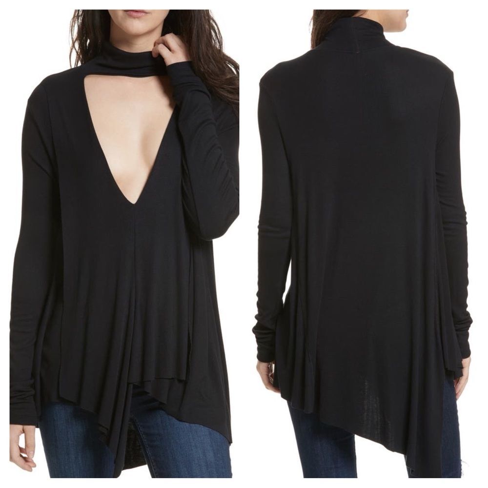 FREE PEOPLE Uptown Turtleneck Top Asymmetrical Long Sleeve Ribbed Black Small